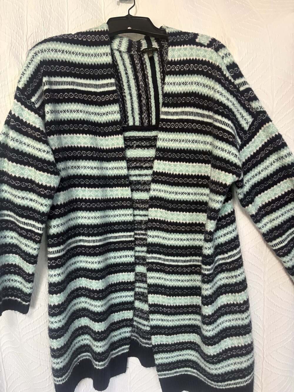 Talbots Fair Isle Open Front Cardigan Sweater Black Mint Blue Size L